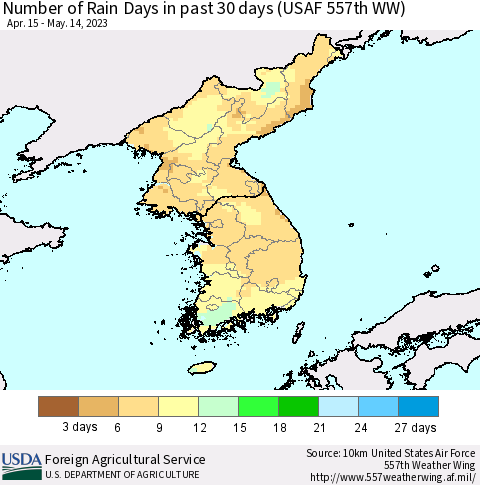Korea Number of Rain Days in past 30 days (USAF 557th WW) 05/14/2023 Thematic Map For 5/8/2023 - 5/14/2023