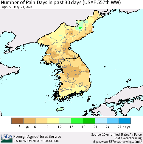 Korea Number of Rain Days in past 30 days (USAF 557th WW) 05/21/2023 Thematic Map For 5/15/2023 - 5/21/2023