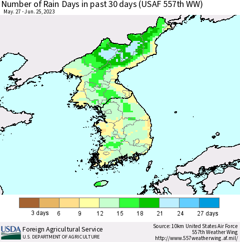 Korea Number of Rain Days in past 30 days (USAF 557th WW) 06/25/2023 Thematic Map For 6/19/2023 - 6/25/2023