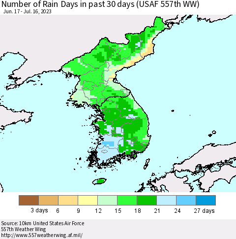 Korea Number of Rain Days in past 30 days (USAF 557th WW) 07/16/2023 Thematic Map For 7/10/2023 - 7/16/2023