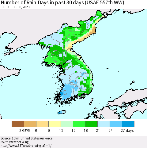 Korea Number of Rain Days in past 30 days (USAF 557th WW) 07/30/2023 Thematic Map For 7/24/2023 - 7/30/2023