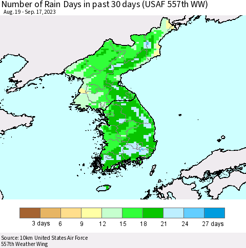 Korea Number of Rain Days in past 30 days (USAF 557th WW) 09/17/2023 Thematic Map For 9/11/2023 - 9/17/2023