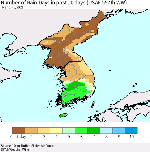 Korea Number of Rain Days in past 10 days (USAF 557th WW) Thematic Map For 3/1/2021 - 3/5/2021