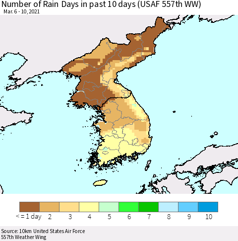 Korea Number of Rain Days in past 10 days (USAF 557th WW) Thematic Map For 3/6/2021 - 3/10/2021