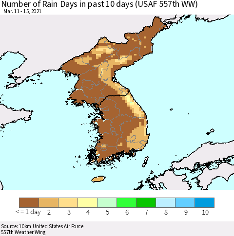 Korea Number of Rain Days in past 10 days (USAF 557th WW) Thematic Map For 3/11/2021 - 3/15/2021