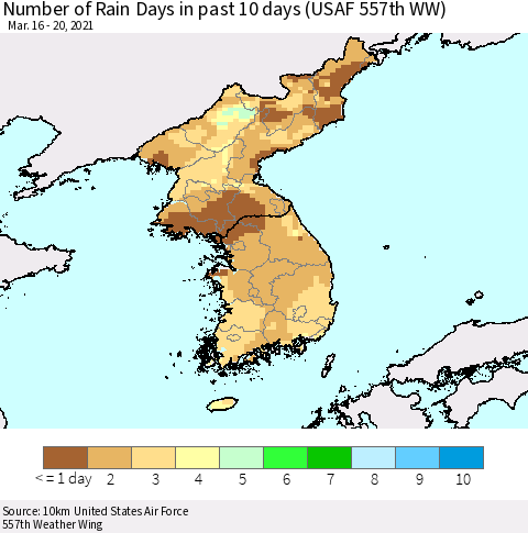 Korea Number of Rain Days in past 10 days (USAF 557th WW) Thematic Map For 3/16/2021 - 3/20/2021