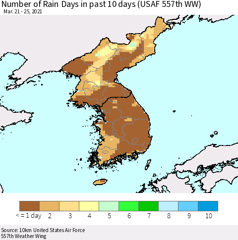 Korea Number of Rain Days in past 10 days (USAF 557th WW) Thematic Map For 3/21/2021 - 3/25/2021