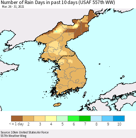 Korea Number of Rain Days in past 10 days (USAF 557th WW) Thematic Map For 3/26/2021 - 3/31/2021