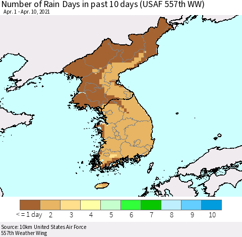 Korea Number of Rain Days in past 10 days (USAF 557th WW) Thematic Map For 4/6/2021 - 4/10/2021