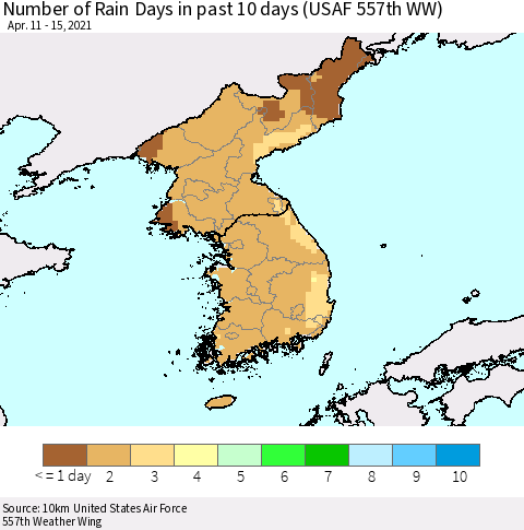 Korea Number of Rain Days in past 10 days (USAF 557th WW) Thematic Map For 4/11/2021 - 4/15/2021