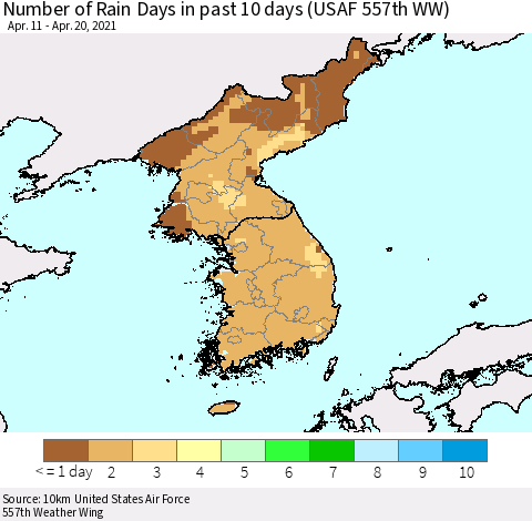 Korea Number of Rain Days in past 10 days (USAF 557th WW) Thematic Map For 4/16/2021 - 4/20/2021