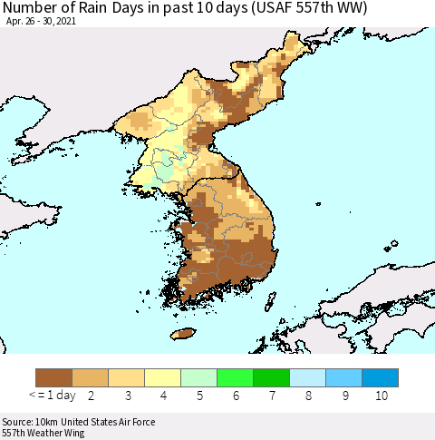 Korea Number of Rain Days in past 10 days (USAF 557th WW) Thematic Map For 4/26/2021 - 4/30/2021