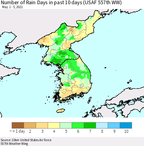 Korea Number of Rain Days in past 10 days (USAF 557th WW) Thematic Map For 5/1/2021 - 5/5/2021