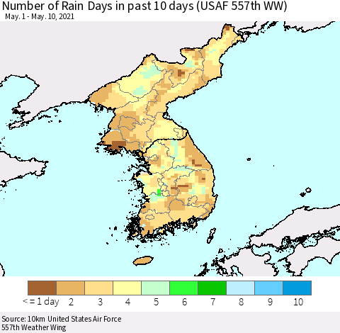 Korea Number of Rain Days in past 10 days (USAF 557th WW) Thematic Map For 5/6/2021 - 5/10/2021