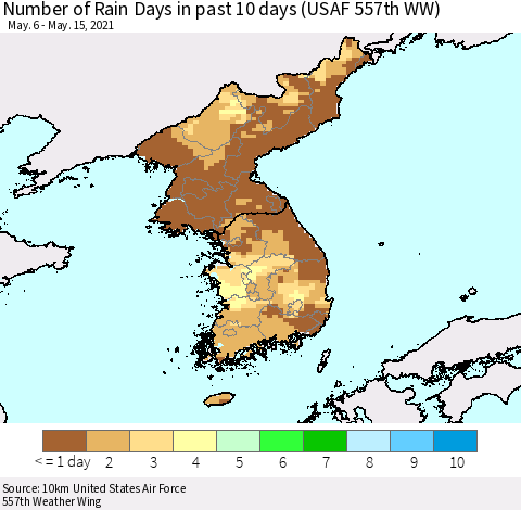 Korea Number of Rain Days in past 10 days (USAF 557th WW) Thematic Map For 5/11/2021 - 5/15/2021