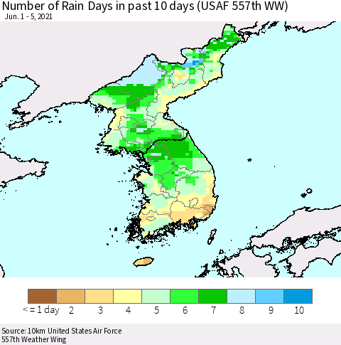 Korea Number of Rain Days in past 10 days (USAF 557th WW) Thematic Map For 6/1/2021 - 6/5/2021