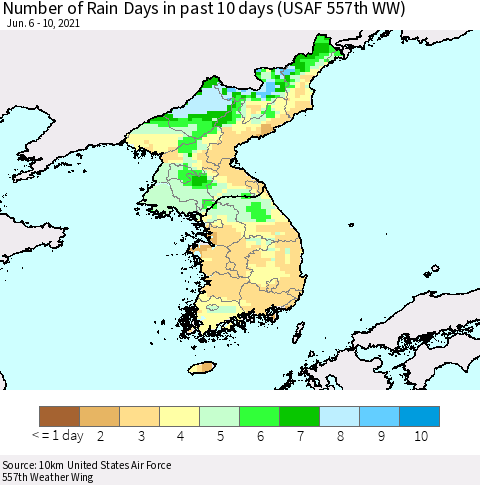 Korea Number of Rain Days in past 10 days (USAF 557th WW) Thematic Map For 6/6/2021 - 6/10/2021