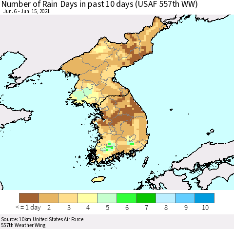 Korea Number of Rain Days in past 10 days (USAF 557th WW) Thematic Map For 6/11/2021 - 6/15/2021