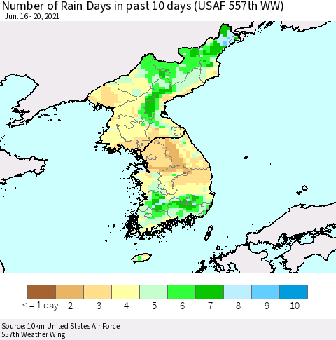 Korea Number of Rain Days in past 10 days (USAF 557th WW) Thematic Map For 6/16/2021 - 6/20/2021