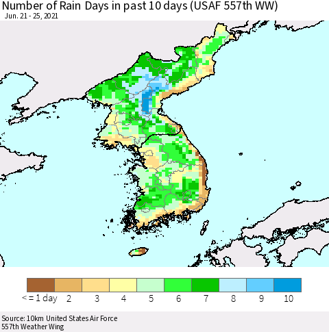 Korea Number of Rain Days in past 10 days (USAF 557th WW) Thematic Map For 6/21/2021 - 6/25/2021