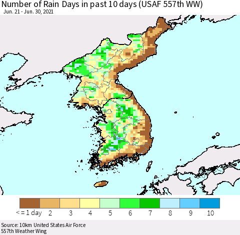 Korea Number of Rain Days in past 10 days (USAF 557th WW) Thematic Map For 6/26/2021 - 6/30/2021