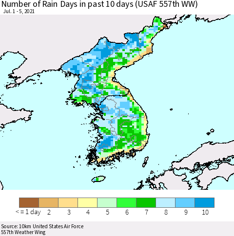 Korea Number of Rain Days in past 10 days (USAF 557th WW) Thematic Map For 7/1/2021 - 7/5/2021