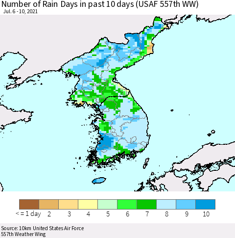 Korea Number of Rain Days in past 10 days (USAF 557th WW) Thematic Map For 7/6/2021 - 7/10/2021