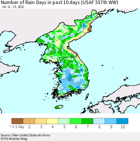 Korea Number of Rain Days in past 10 days (USAF 557th WW) Thematic Map For 7/11/2021 - 7/15/2021