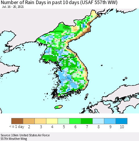 Korea Number of Rain Days in past 10 days (USAF 557th WW) Thematic Map For 7/16/2021 - 7/20/2021
