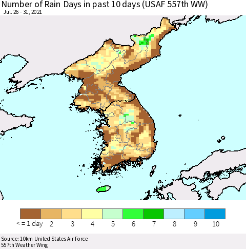 Korea Number of Rain Days in past 10 days (USAF 557th WW) Thematic Map For 7/26/2021 - 7/31/2021
