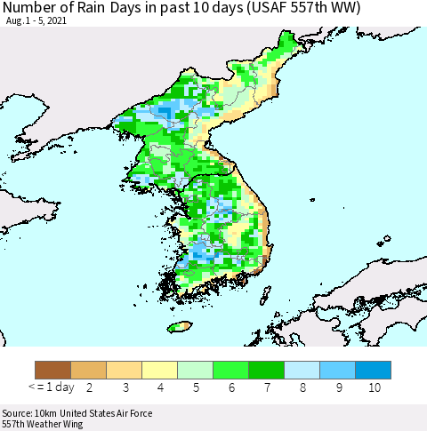 Korea Number of Rain Days in past 10 days (USAF 557th WW) Thematic Map For 8/1/2021 - 8/5/2021