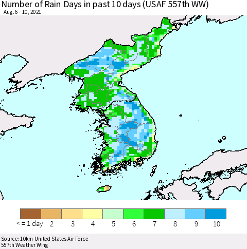 Korea Number of Rain Days in past 10 days (USAF 557th WW) Thematic Map For 8/6/2021 - 8/10/2021
