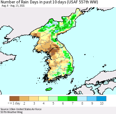 Korea Number of Rain Days in past 10 days (USAF 557th WW) Thematic Map For 8/11/2021 - 8/15/2021