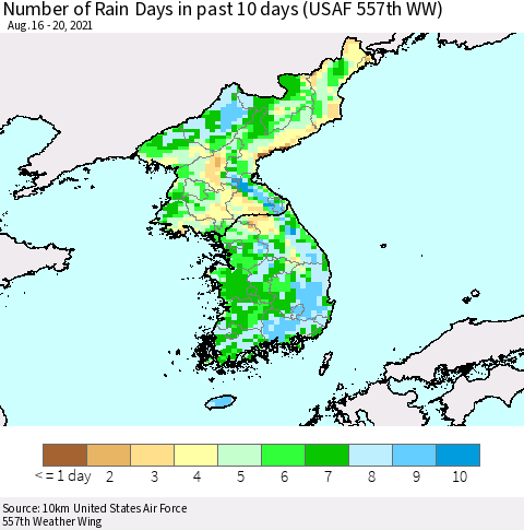 Korea Number of Rain Days in past 10 days (USAF 557th WW) Thematic Map For 8/16/2021 - 8/20/2021