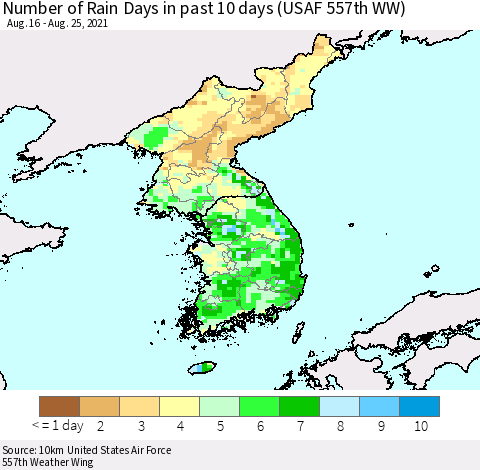 Korea Number of Rain Days in past 10 days (USAF 557th WW) Thematic Map For 8/21/2021 - 8/25/2021