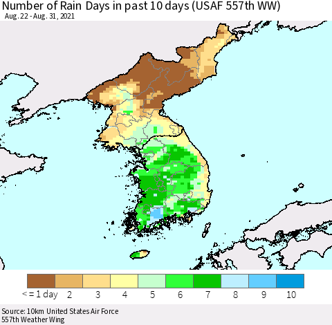 Korea Number of Rain Days in past 10 days (USAF 557th WW) Thematic Map For 8/26/2021 - 8/31/2021