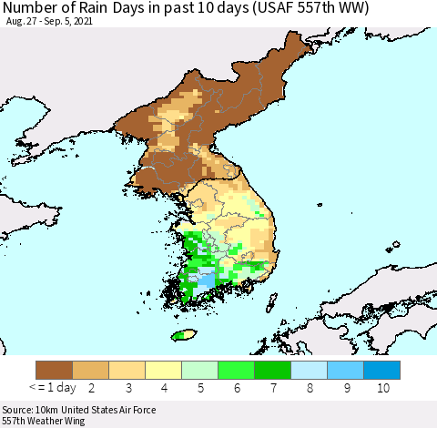Korea Number of Rain Days in past 10 days (USAF 557th WW) Thematic Map For 9/1/2021 - 9/5/2021