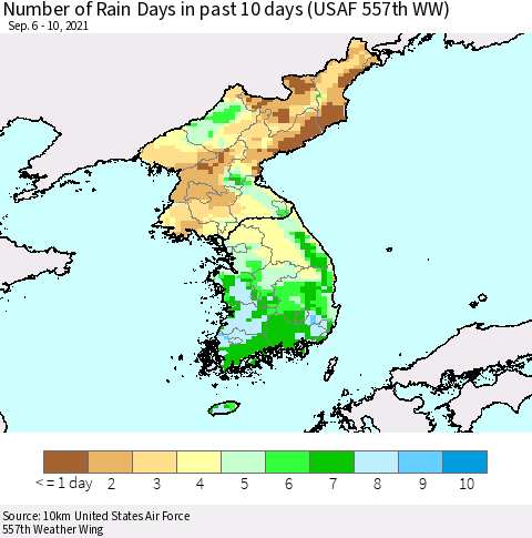 Korea Number of Rain Days in past 10 days (USAF 557th WW) Thematic Map For 9/6/2021 - 9/10/2021