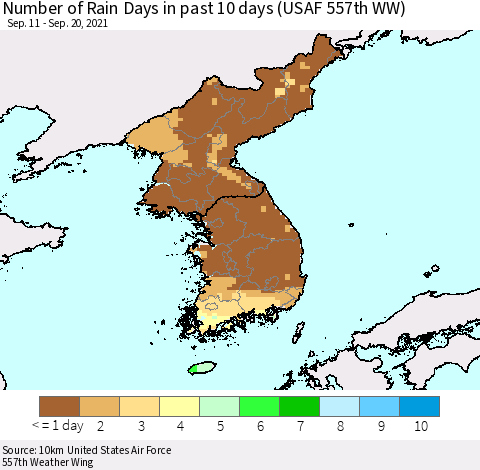 Korea Number of Rain Days in past 10 days (USAF 557th WW) Thematic Map For 9/16/2021 - 9/20/2021