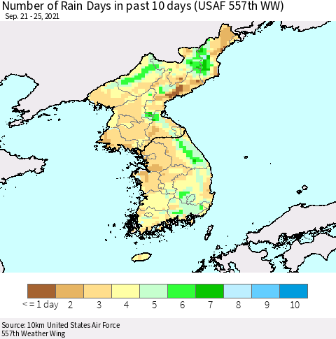 Korea Number of Rain Days in past 10 days (USAF 557th WW) Thematic Map For 9/21/2021 - 9/25/2021