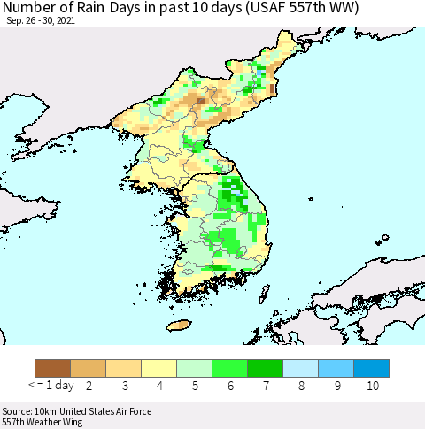 Korea Number of Rain Days in past 10 days (USAF 557th WW) Thematic Map For 9/26/2021 - 9/30/2021
