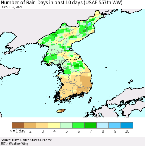 Korea Number of Rain Days in past 10 days (USAF 557th WW) Thematic Map For 10/1/2021 - 10/5/2021