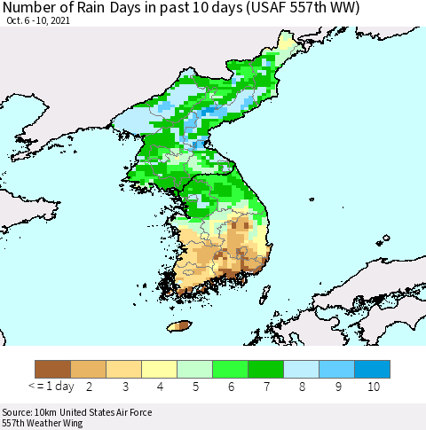 Korea Number of Rain Days in past 10 days (USAF 557th WW) Thematic Map For 10/6/2021 - 10/10/2021