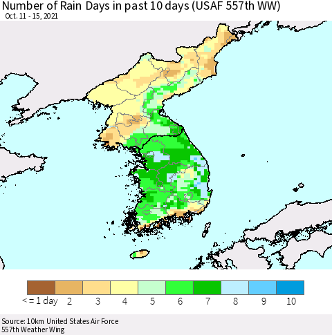 Korea Number of Rain Days in past 10 days (USAF 557th WW) Thematic Map For 10/11/2021 - 10/15/2021