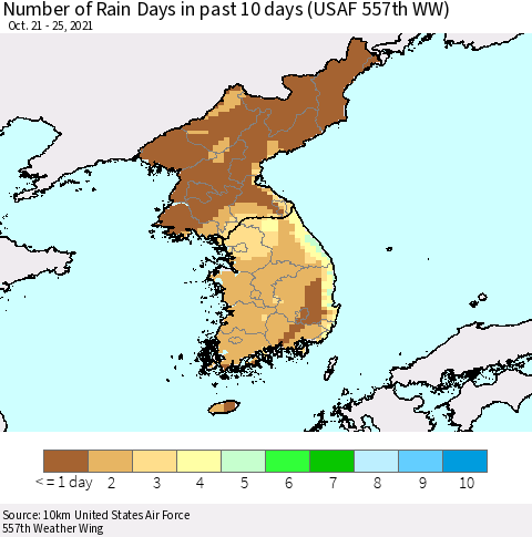 Korea Number of Rain Days in past 10 days (USAF 557th WW) Thematic Map For 10/21/2021 - 10/25/2021