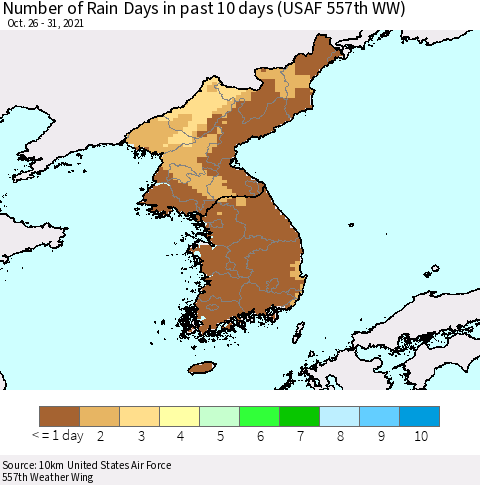 Korea Number of Rain Days in past 10 days (USAF 557th WW) Thematic Map For 10/26/2021 - 10/31/2021