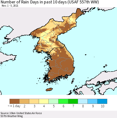 Korea Number of Rain Days in past 10 days (USAF 557th WW) Thematic Map For 11/1/2021 - 11/5/2021