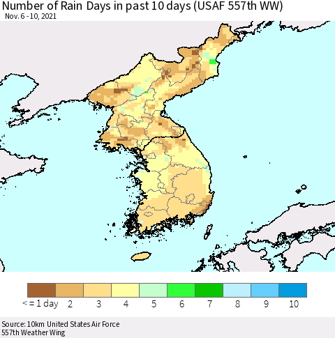 Korea Number of Rain Days in past 10 days (USAF 557th WW) Thematic Map For 11/6/2021 - 11/10/2021