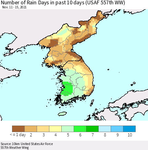 Korea Number of Rain Days in past 10 days (USAF 557th WW) Thematic Map For 11/11/2021 - 11/15/2021
