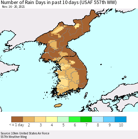 Korea Number of Rain Days in past 10 days (USAF 557th WW) Thematic Map For 11/16/2021 - 11/20/2021